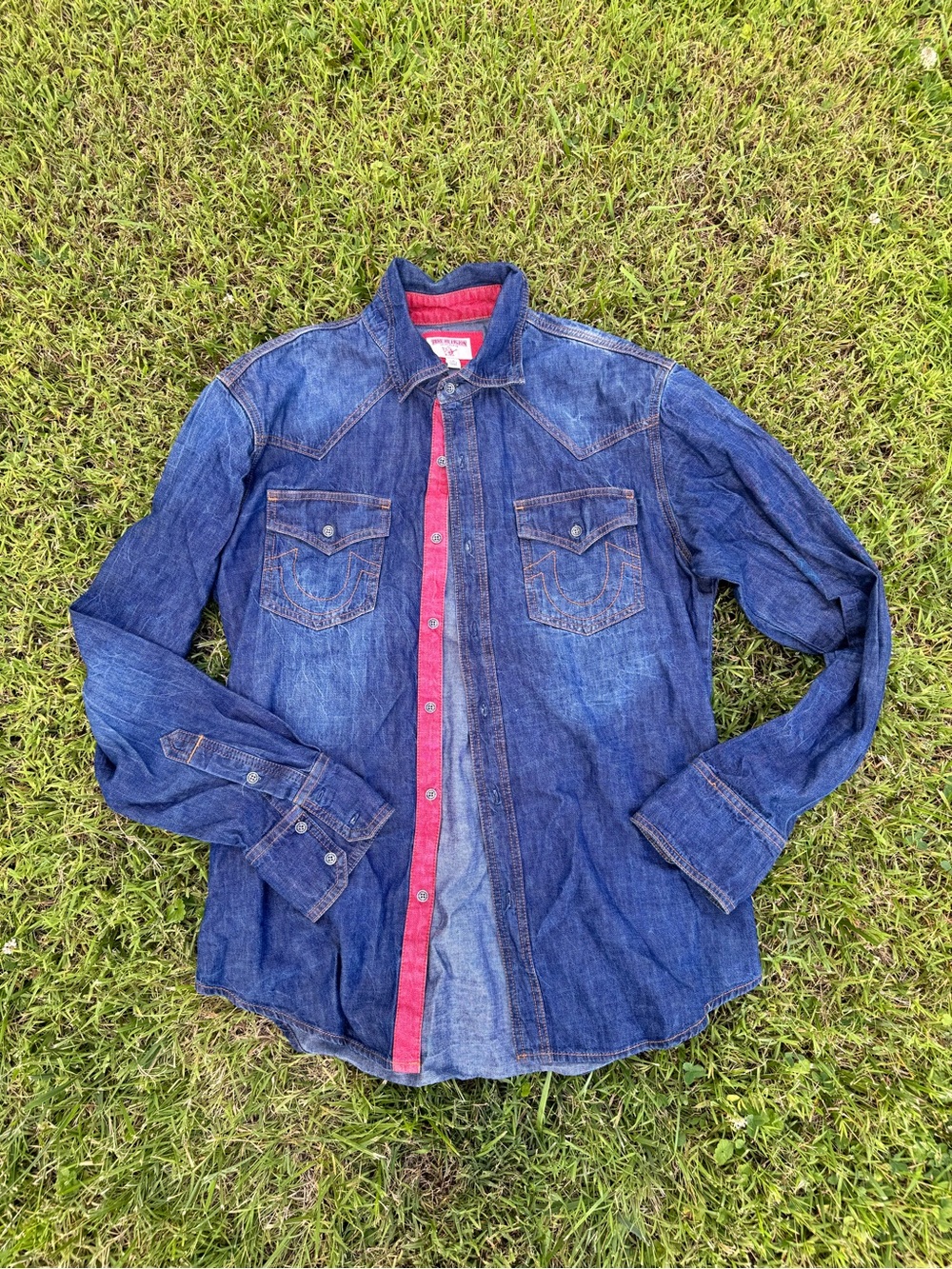 True Religion Men's Dark Blue Denim Western Button-Down Shirt with Red Trim